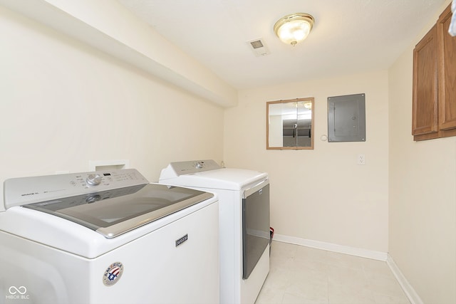 washroom featuring cabinets, electric panel, and washer and dryer