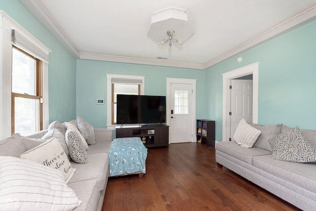 living room with ornamental molding, dark wood-type flooring, and a healthy amount of sunlight