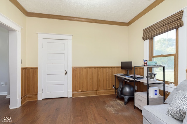 office with ornamental molding, a textured ceiling, and dark wood-type flooring