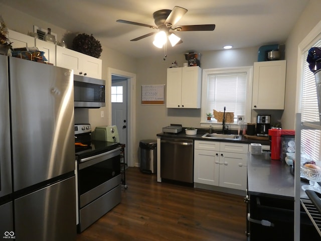 kitchen featuring stainless steel appliances, white cabinets, dark hardwood / wood-style flooring, and sink