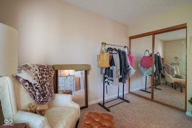 interior space featuring carpet, a textured ceiling, and baseboards