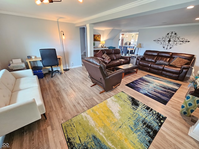 living room featuring crown molding and wood-type flooring