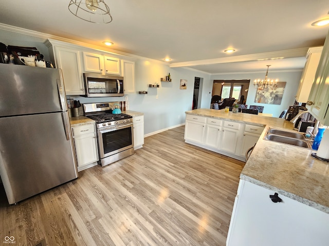 kitchen with appliances with stainless steel finishes, pendant lighting, white cabinets, and kitchen peninsula