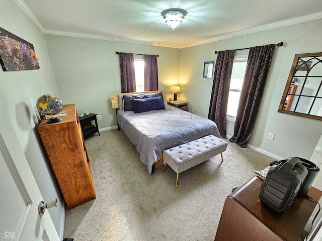 carpeted bedroom featuring crown molding