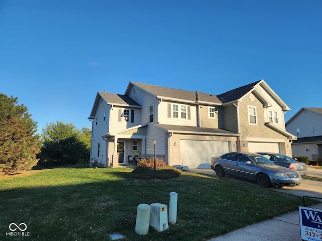 view of front facade with a front yard, a garage, and central air condition unit