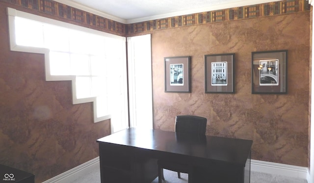 office space with ornamental molding and plenty of natural light