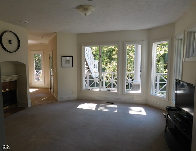 unfurnished living room featuring a textured ceiling, carpet, crown molding, and a wealth of natural light