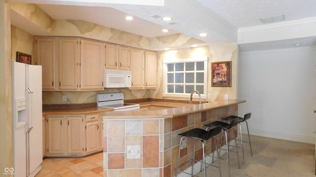 10781 Cedar Ridge Ln, Brownsburg, IN 46278 - kitchen featuring a kitchen breakfast bar, recessed lighting, white appliances, a peninsula, and a sink