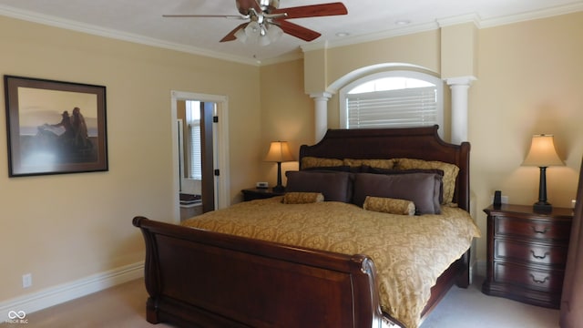 bedroom with light carpet, ceiling fan, and crown molding