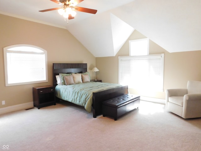 bedroom featuring light carpet, vaulted ceiling, and ceiling fan