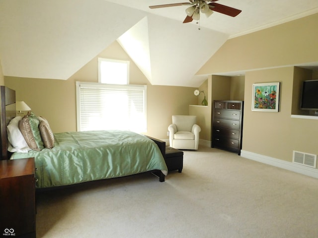 10781 Cedar Ridge Ln, Brownsburg, IN 46278 - bedroom featuring a ceiling fan, visible vents, carpet floors, lofted ceiling, and baseboards