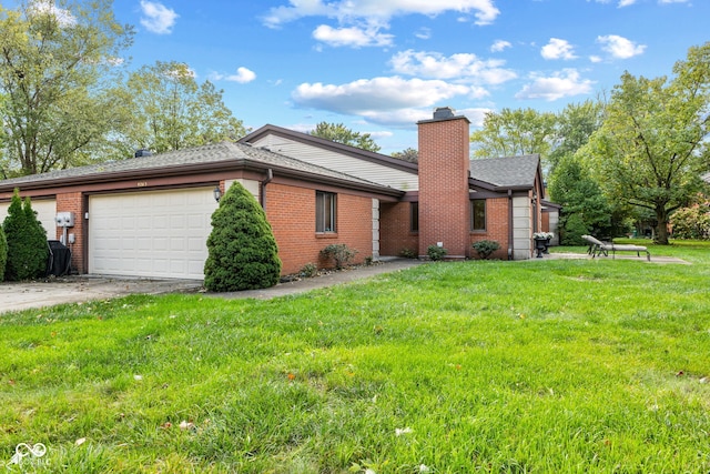 view of property exterior featuring a lawn and a garage