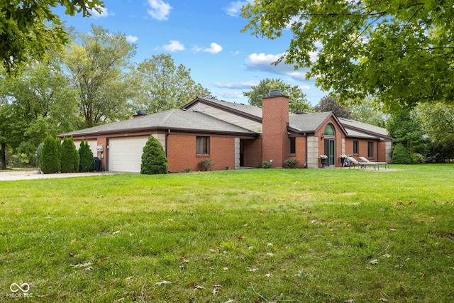 ranch-style house with a front yard and a garage