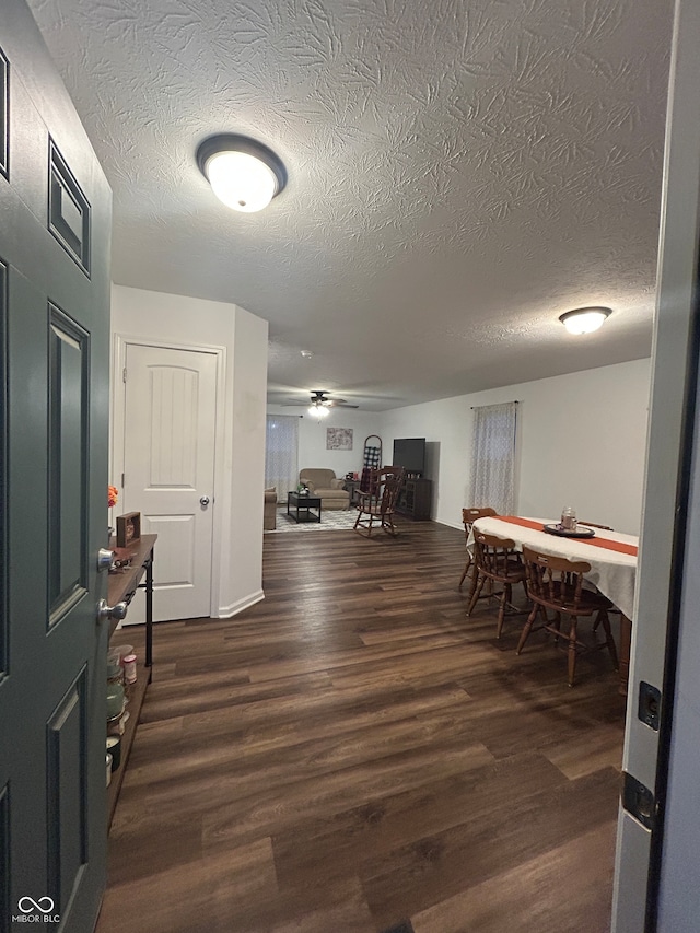 interior space featuring dark hardwood / wood-style flooring, a textured ceiling, and ceiling fan