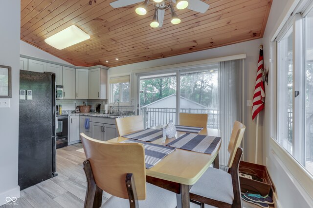 dining area with sink, vaulted ceiling, light hardwood / wood-style flooring, ceiling fan, and wooden ceiling