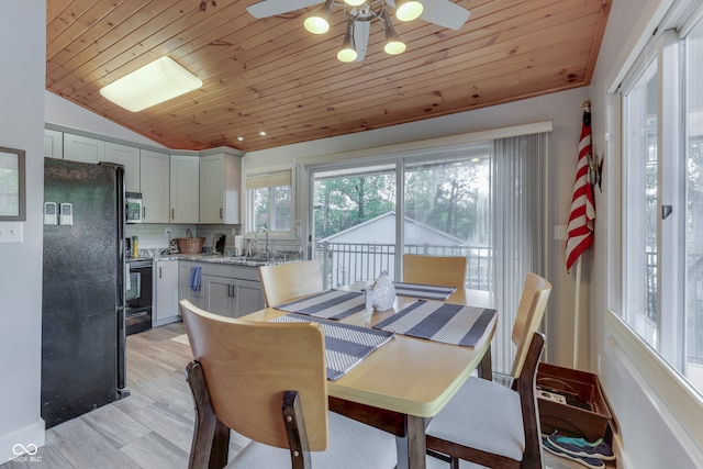 7438 Haw Dr, Nineveh, IN 46164 - dining space featuring light wood-type flooring, wooden ceiling, ceiling fan, and vaulted ceiling