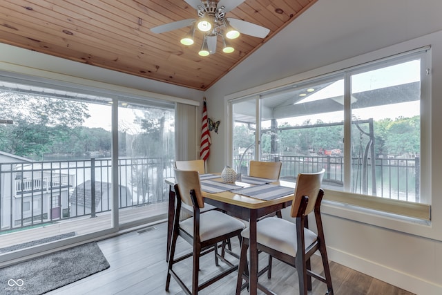 7438 Haw Dr, Nineveh, IN 46164 - dining space with ceiling fan, vaulted ceiling, visible vents, wood ceiling, and wood finished floors