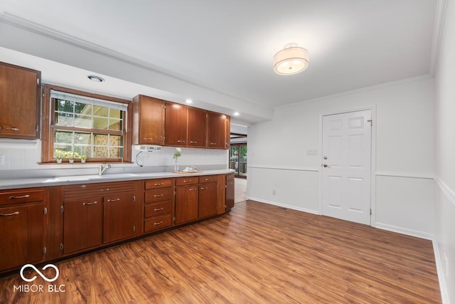 kitchen with light wood-type flooring, crown molding, and sink