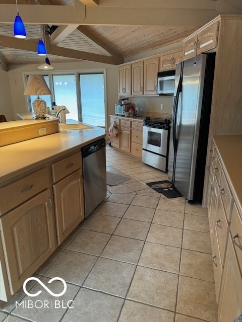 kitchen featuring vaulted ceiling with beams, light brown cabinets, hanging light fixtures, stainless steel appliances, and wooden ceiling