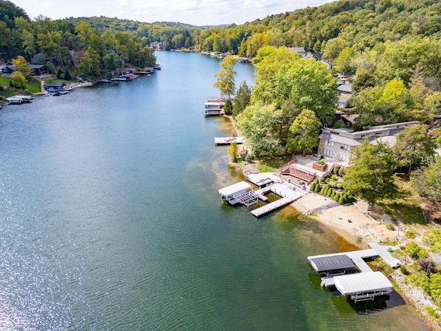 drone / aerial view of a heavily wooded area and a nearby body of water