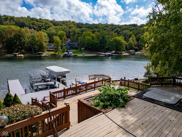 dock with boat lift and a water view