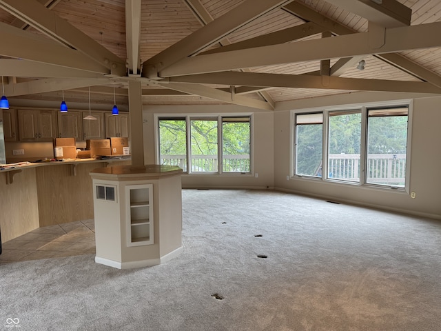 unfurnished living room featuring light colored carpet and wood ceiling