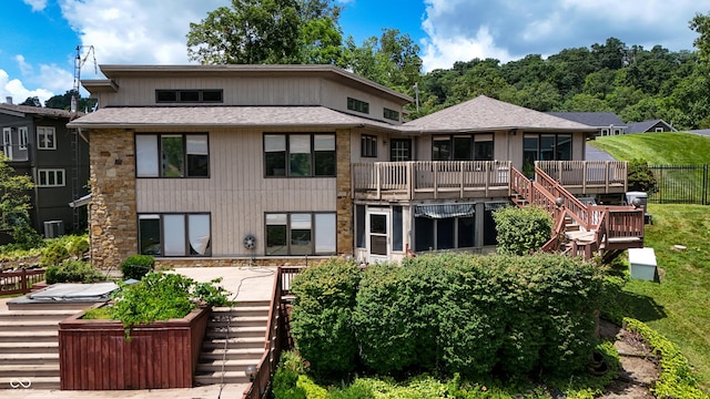 4161 S Summit Ln, Columbus, IN 47201 - back of property featuring stairs, a wooden deck, a sunroom, and stone siding