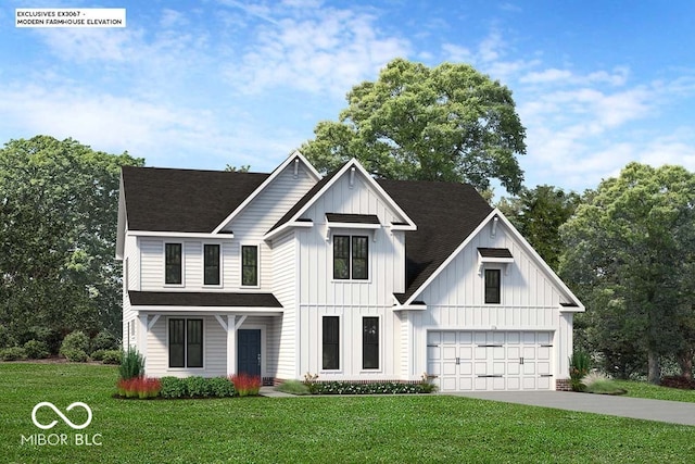 view of front of property with a front yard and a garage