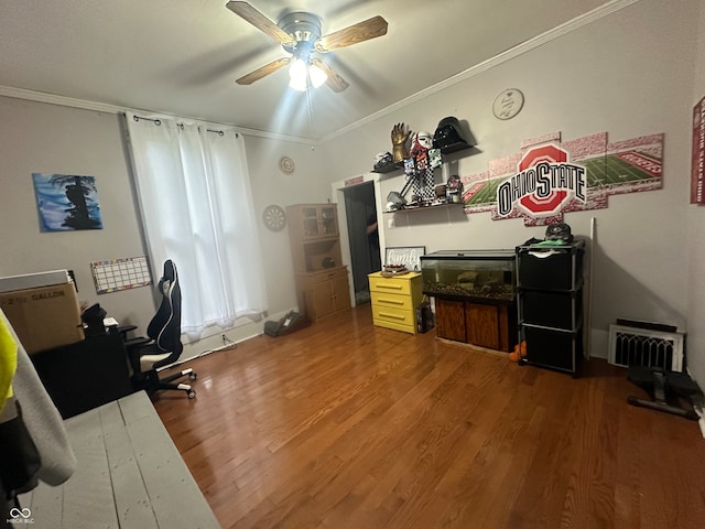 office area featuring ceiling fan, ornamental molding, and wood-type flooring