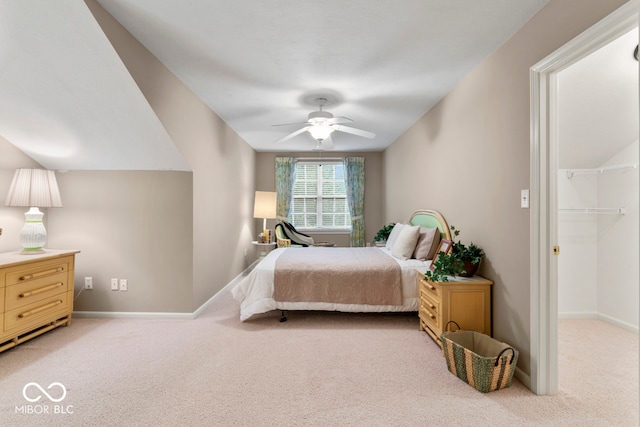 carpeted bedroom with ceiling fan and a walk in closet