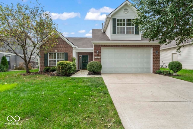 view of property featuring a garage and a front yard