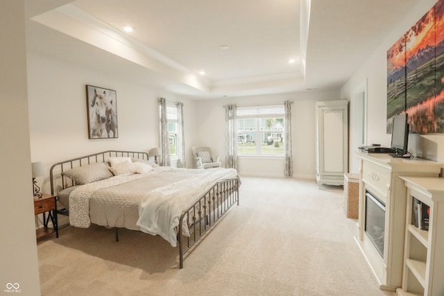 carpeted bedroom featuring a raised ceiling