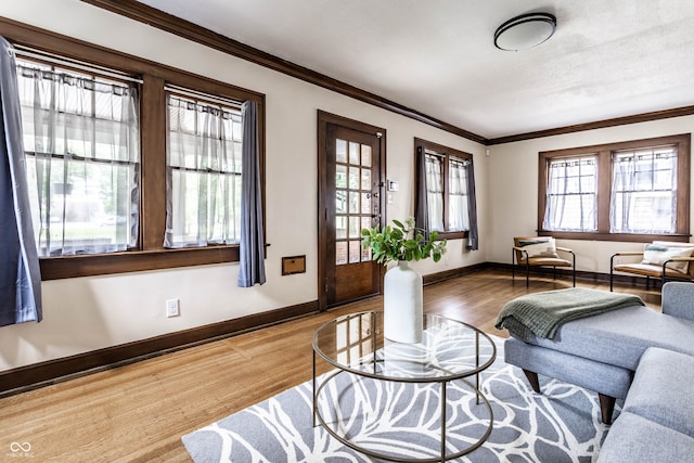 living room featuring light wood-type flooring and crown molding