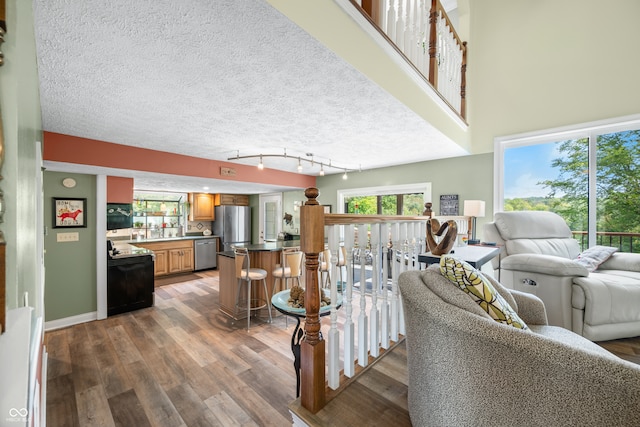 living room featuring a textured ceiling and hardwood / wood-style floors