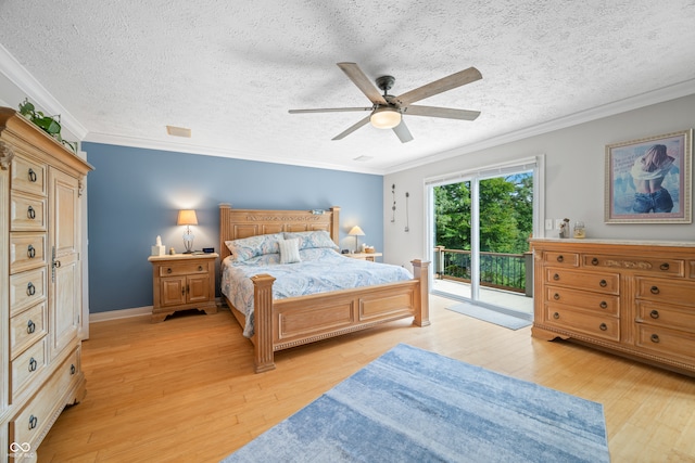 bedroom with light hardwood / wood-style floors, access to exterior, a textured ceiling, ceiling fan, and ornamental molding