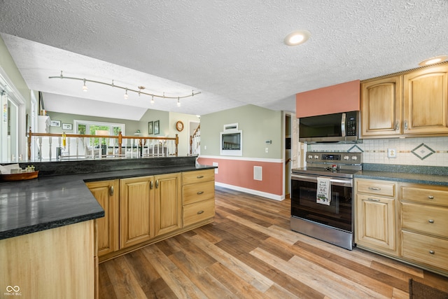 kitchen with tasteful backsplash, wood-type flooring, a textured ceiling, track lighting, and stainless steel appliances