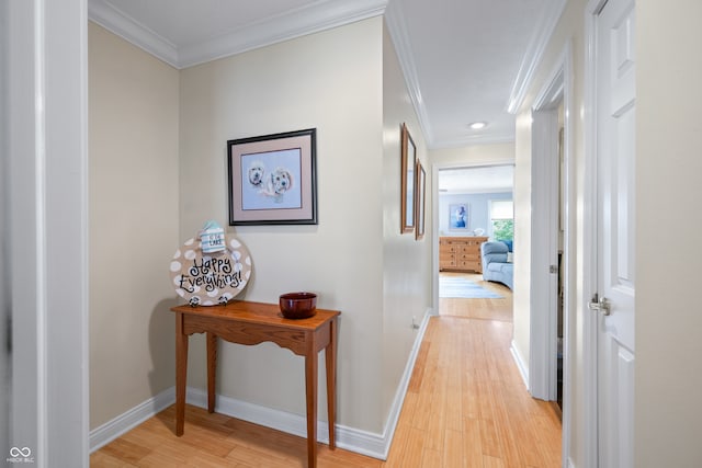 hallway featuring crown molding and light hardwood / wood-style floors