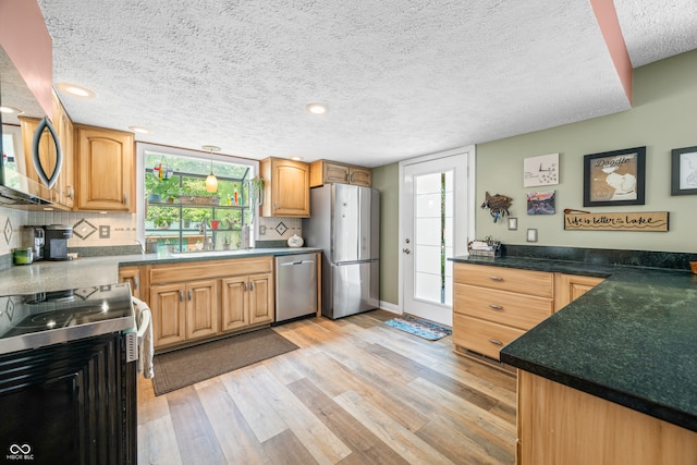 kitchen with appliances with stainless steel finishes, decorative backsplash, light hardwood / wood-style floors, a textured ceiling, and sink