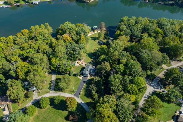 drone / aerial view featuring a water view