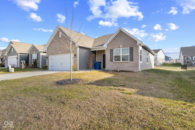 ranch-style home featuring a front lawn and a garage