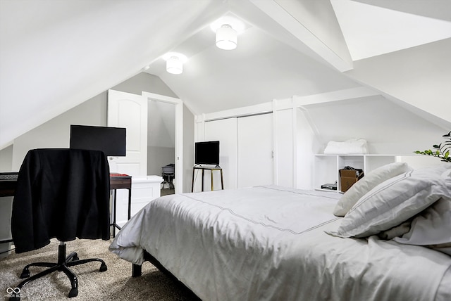 bedroom featuring carpet, a closet, and vaulted ceiling