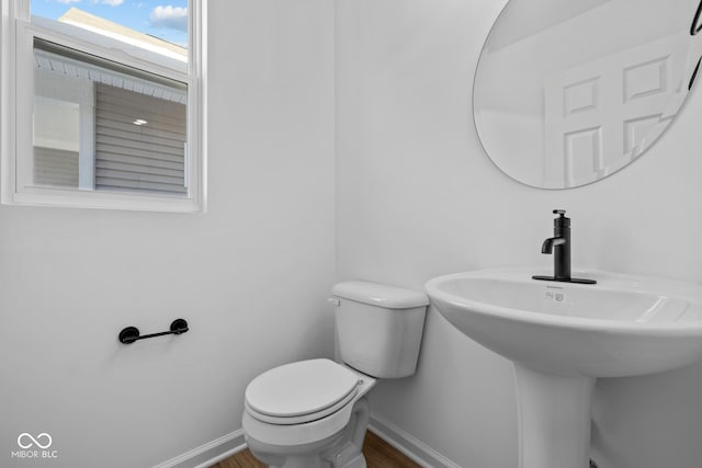 bathroom featuring wood-type flooring, toilet, and sink