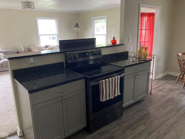 kitchen with gray cabinetry, electric stove, kitchen peninsula, dark hardwood / wood-style flooring, and crown molding