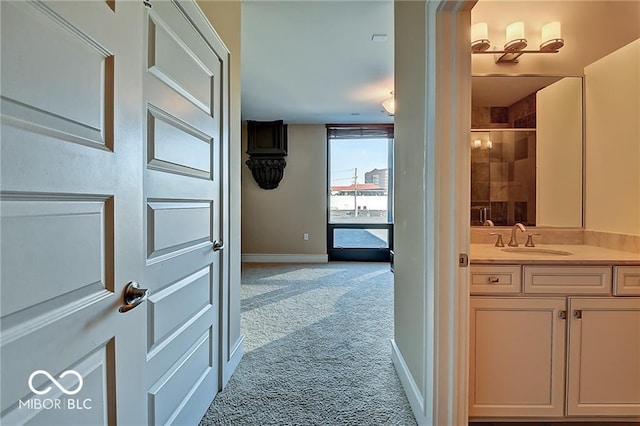 interior space featuring walk in shower and vanity