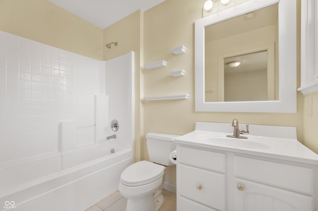 full bathroom with bathtub / shower combination, tile patterned floors, vanity, and toilet