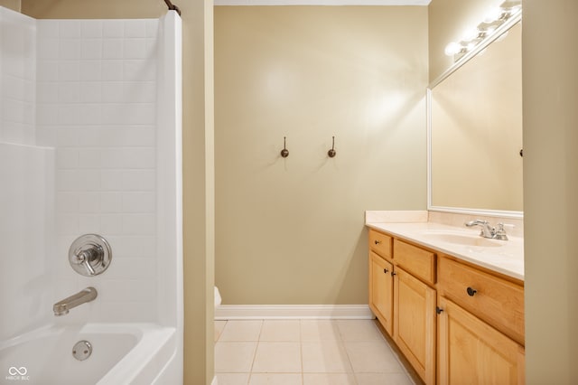 full bathroom with tub / shower combination, vanity, tile patterned flooring, and toilet