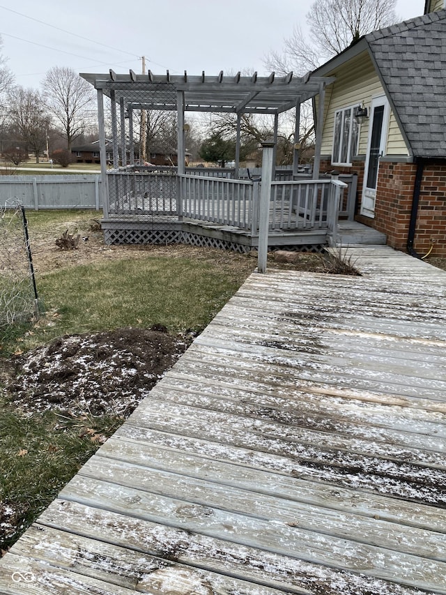 view of dock featuring a wooden deck and a pergola