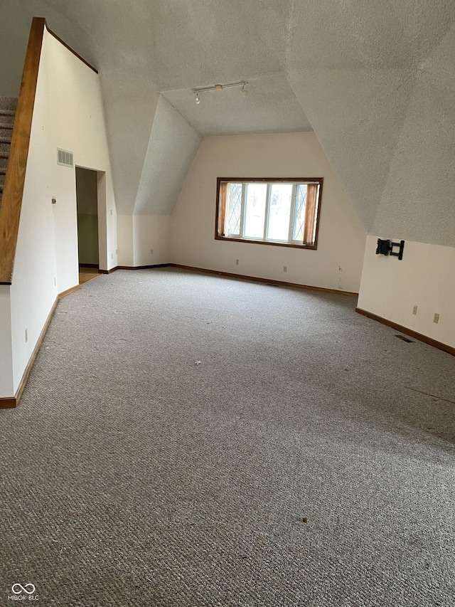 bonus room with lofted ceiling, a textured ceiling, and carpet