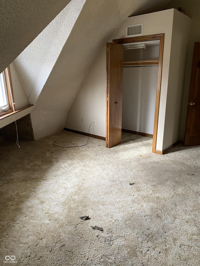 additional living space with lofted ceiling, a textured ceiling, and light colored carpet