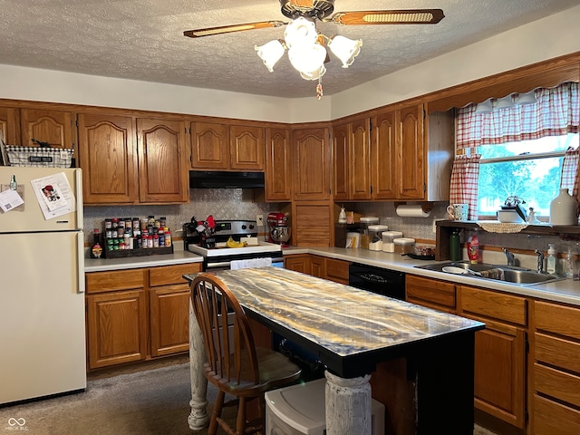 kitchen featuring ceiling fan, white refrigerator, sink, electric stove, and black dishwasher